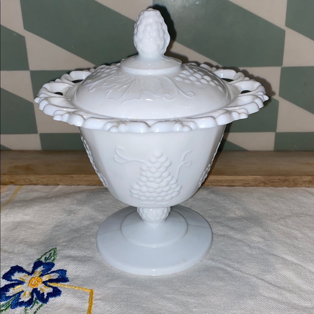 Indiana Glass Harvest Grape  Candy Dish with Lid Milk Glass